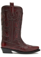Ganni Embroidered Faux Leather Mid-calf Western Boots Burgundy