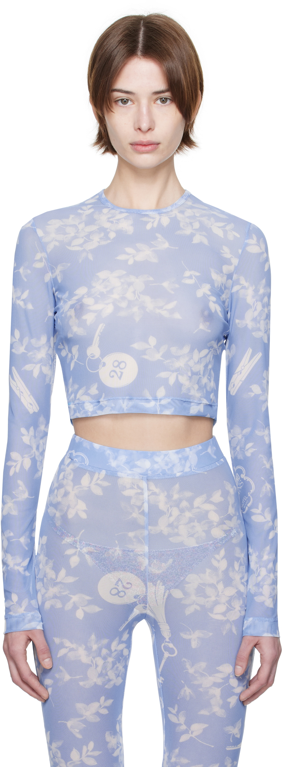 Moschino Jeans Blue Floral Print Mesh T-shirt