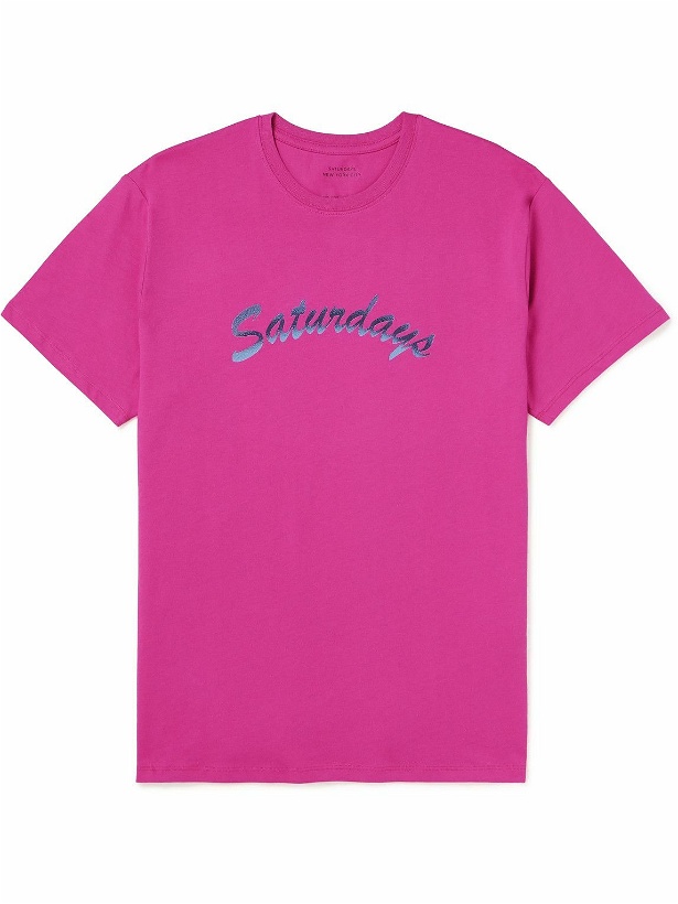 Photo: Saturdays NYC - Horizon Script Logo-Print Cotton-Jersey T-Shirt - Pink