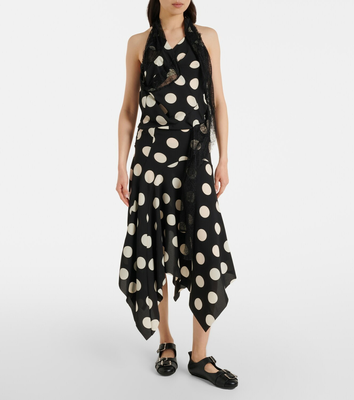 Junya Watanabe Lace-trimmed polka-dot midi dress