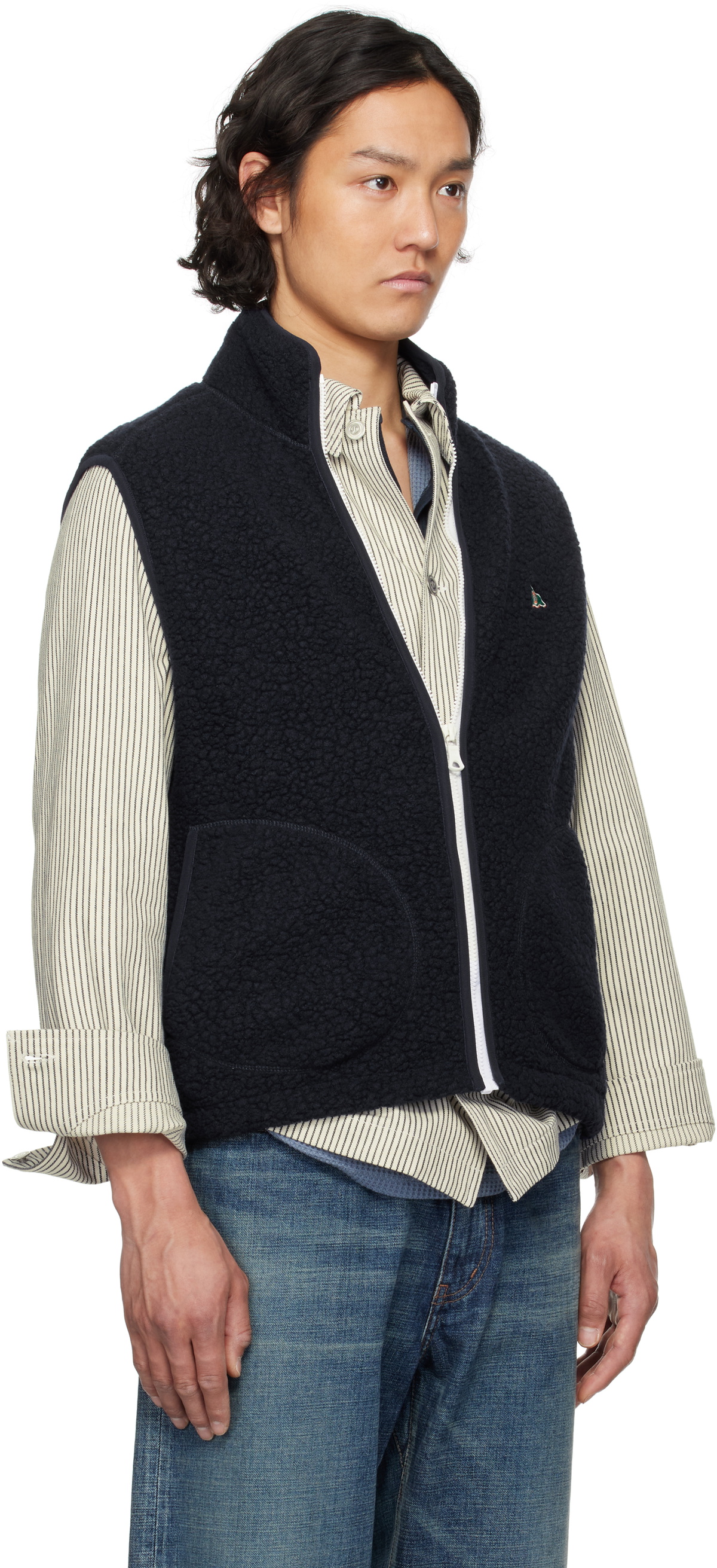 Drake's Navy Boucle Wool Zip Fleece Vest