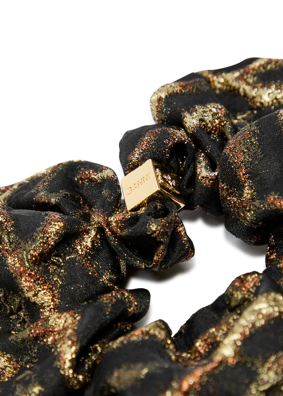 Ganni Leopard-print Metallic Cloqué Scrunchie - Khaki - One Size