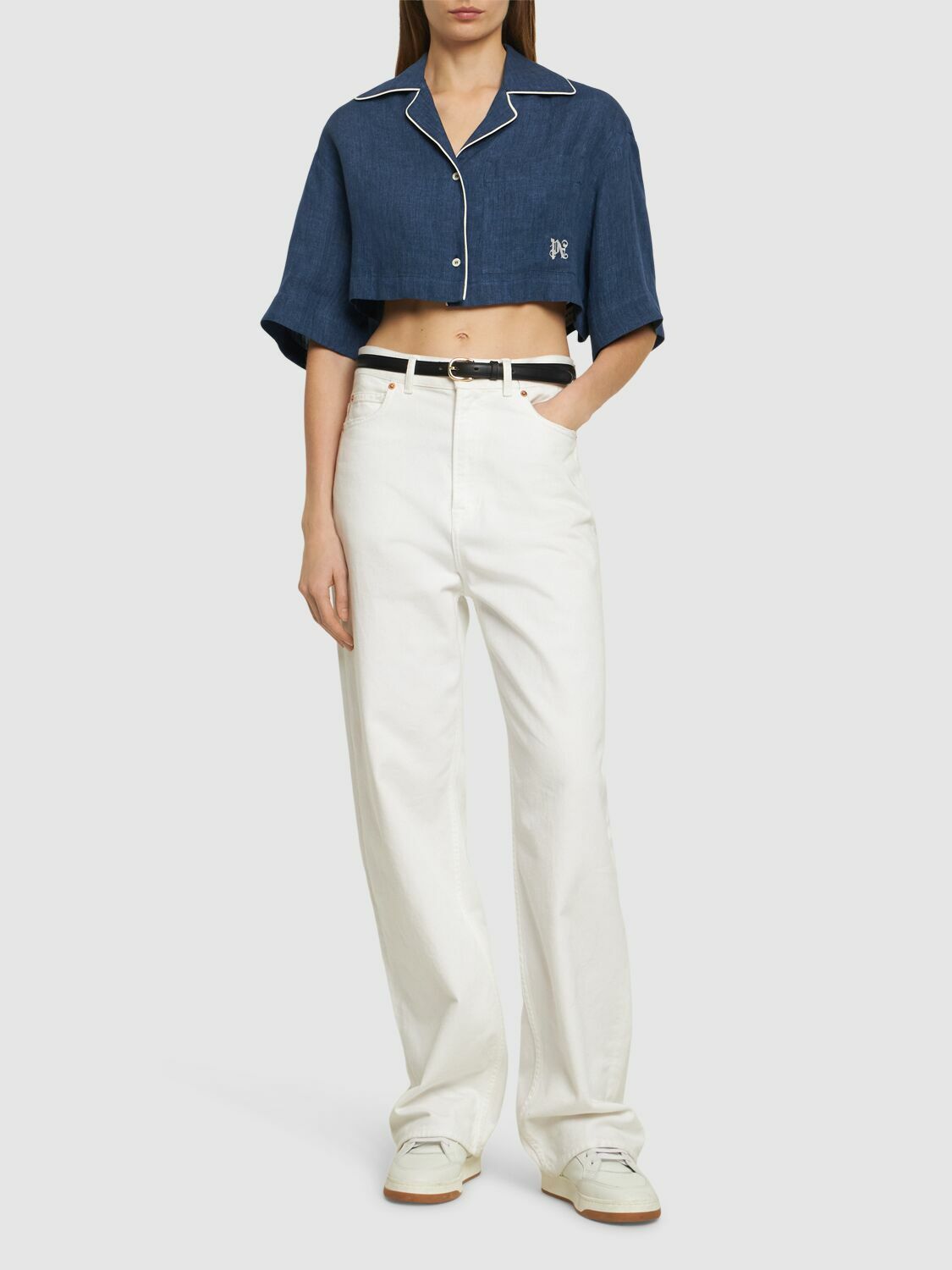 Palm Angeles Monogram Linen Denim Crop