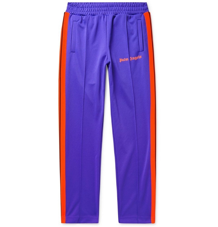 Photo: Palm Angels - Slim-Fit Logo-Print Striped Tech-Jersey Sweatpants - Men - Purple