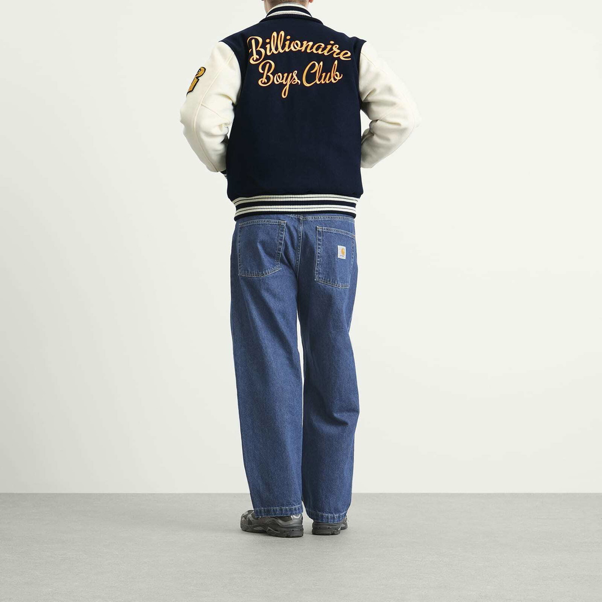 Billionaire Boys Club Men's Fanfare Script Logo Varsity Jacket in Navy/Cream