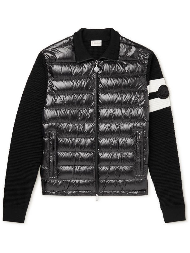 Photo: Moncler - Logo-Appliquéd Striped Wool and Quilted Shell Down Zip-Up Cardigan - Black