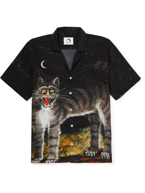 Photo: Endless Joy - Il Gatto Pazzo Convertible-Collar Printed Silk-Crepe Shirt - Black