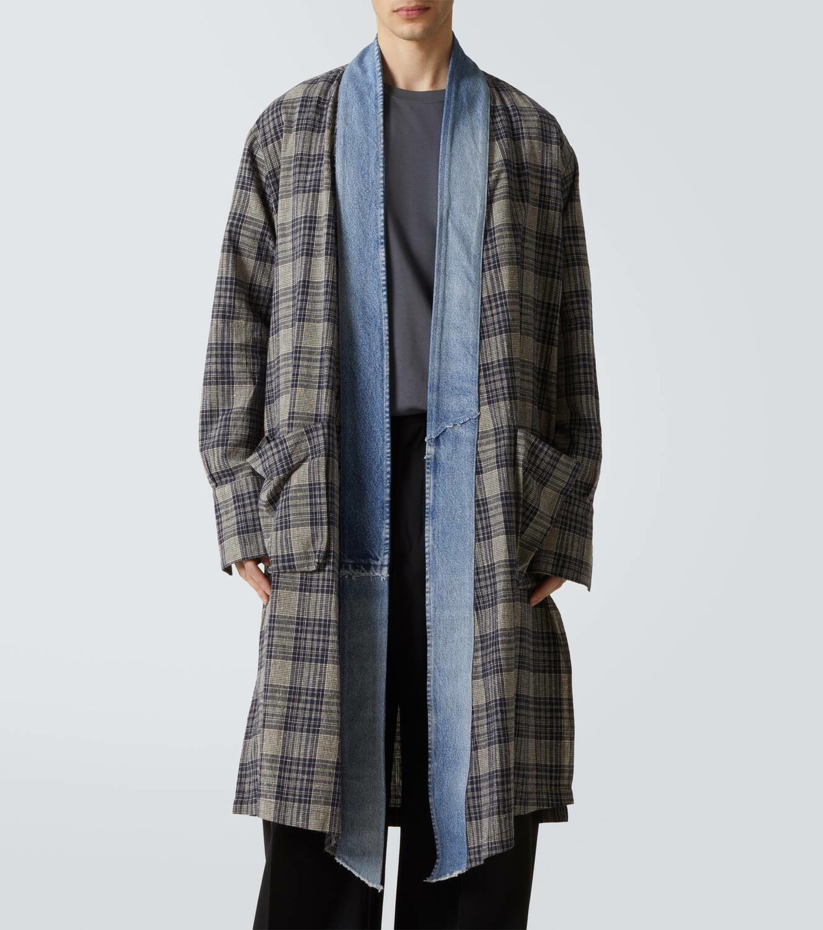 Greg Lauren Plaid denim-trimmed cotton coat