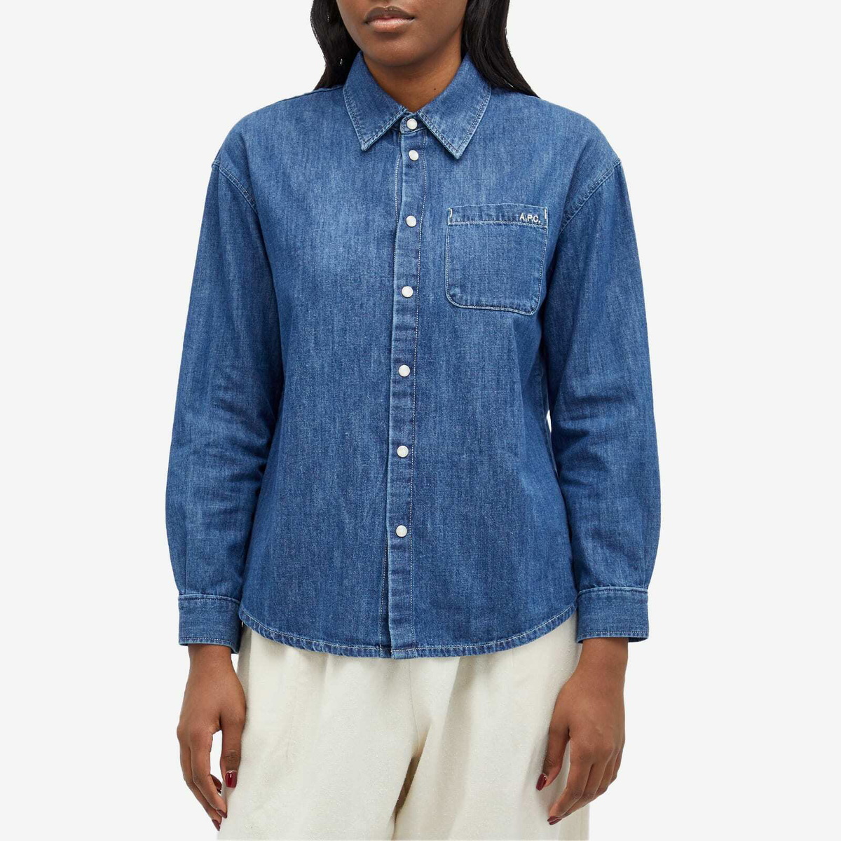 A.P.C. Women's Brodee Boyfriend Denim Shirt in Washed Indigo