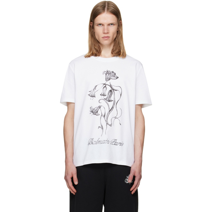 Photo: BALMAIN White 'Balmain Flower' Print T-shirt