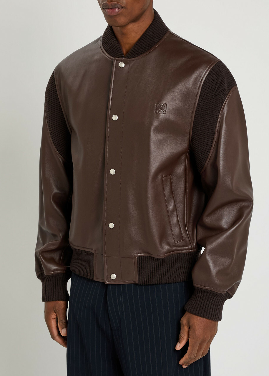 Loewe Rib-trimmed Leather Bomber Jacket Brown