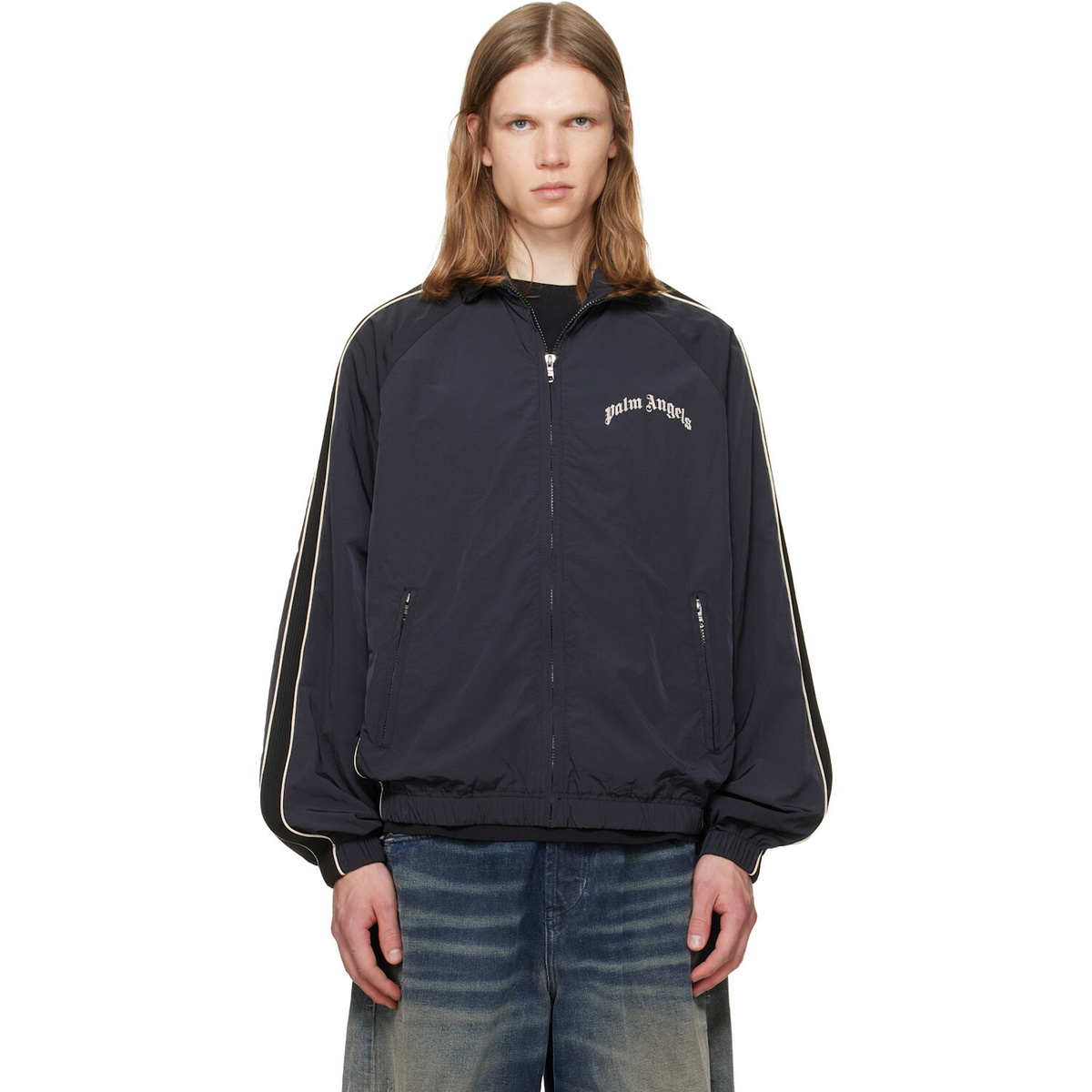 Palm Angels Black Curved Logo Vintage Windbreaker Track Jacket