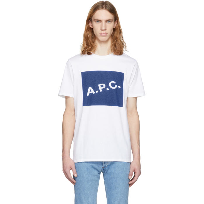 Photo: A.P.C. White and Blue Box Logo T-Shirt