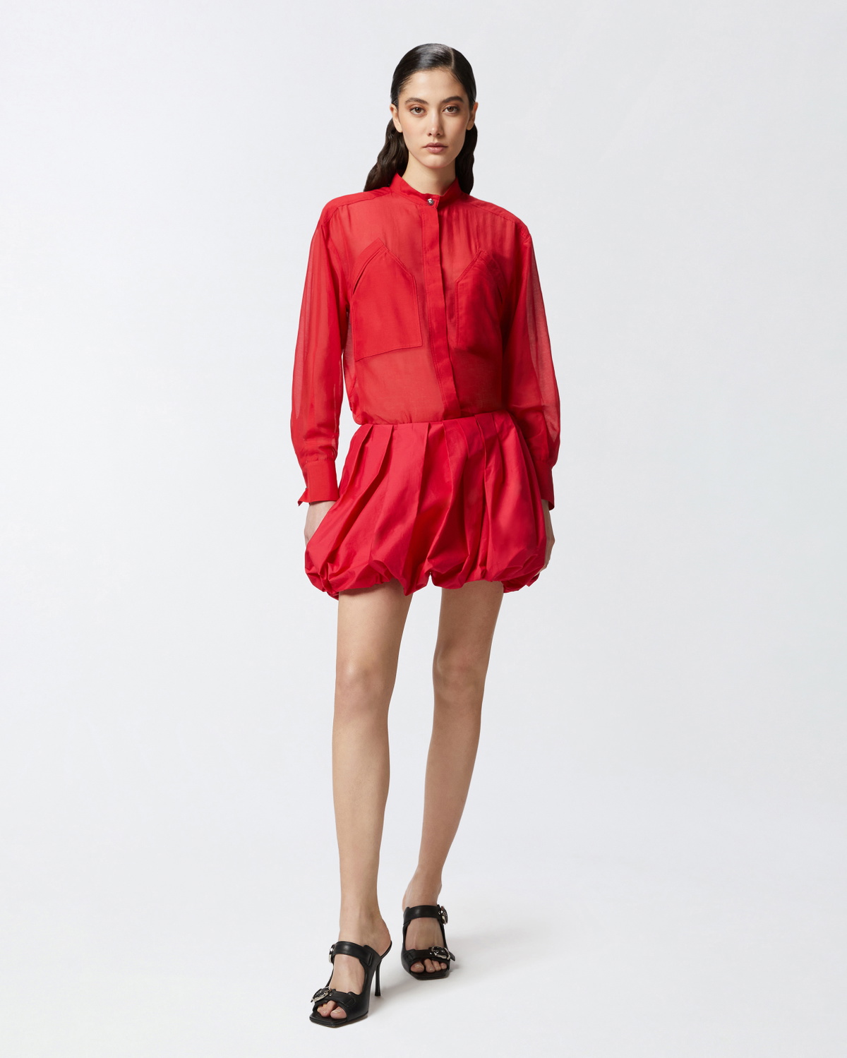 Pinko Mandarin Collar Shirt In Cotton And Silk Salsa Red