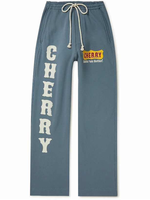 Photo: CHERRY LA - Straight-Leg Logo-Appliquéd Cotton-Jersey Sweatpants - Blue