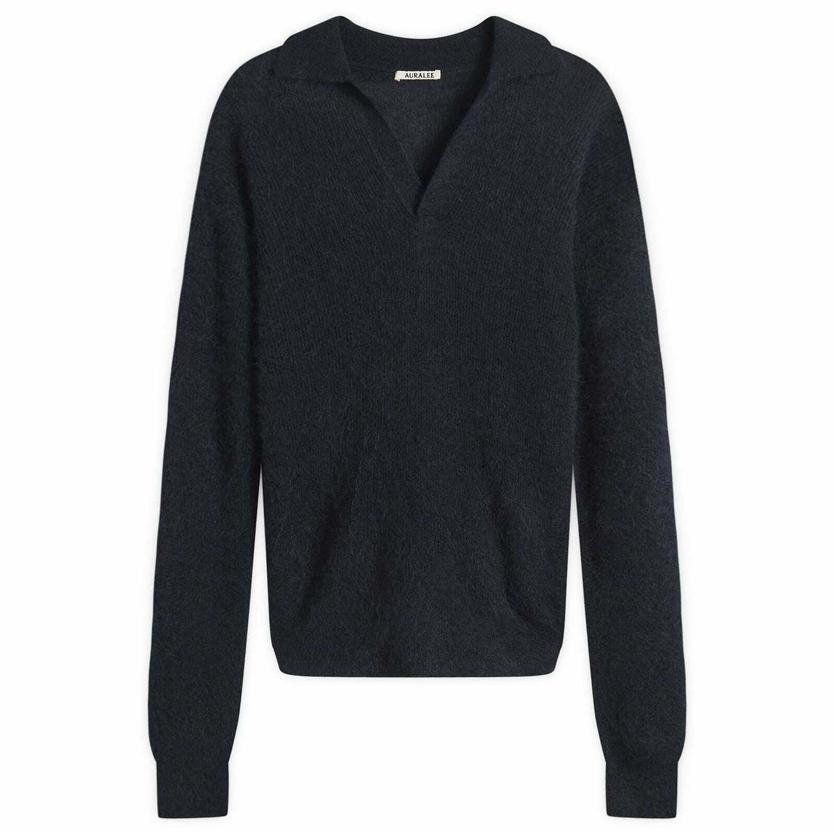 AURALEE CASHMERE SILK KNIT SKIPPER 黒 Auralee Men's Super Fine Cashmere Silk Knit Skipper Polo in Top