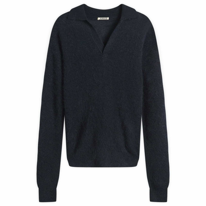 Photo: Auralee Men's Baby Suri Alpaca Sheer Knit Skipper Polo in Navy
