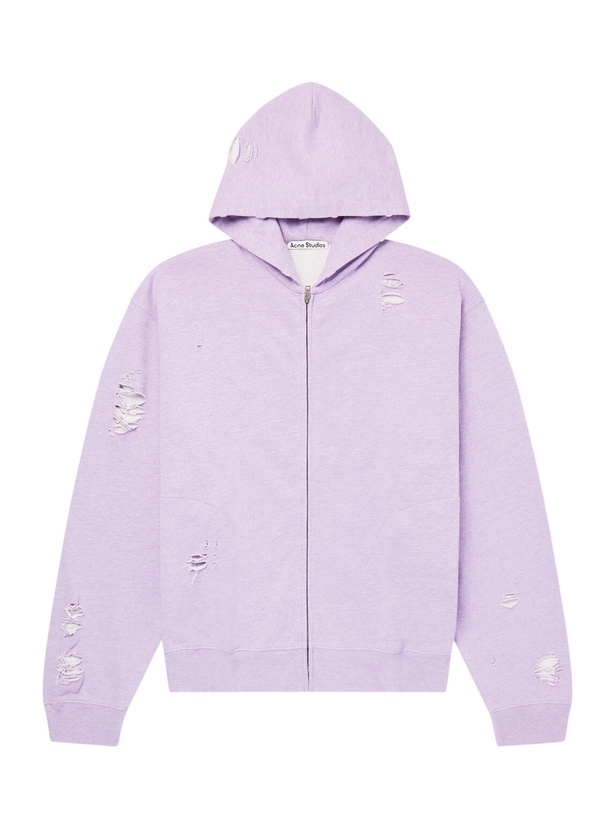 Photo: Acne Studios - Franzine Distressed Cotton-Blend Jersey Zip-Up Hoodie - Purple