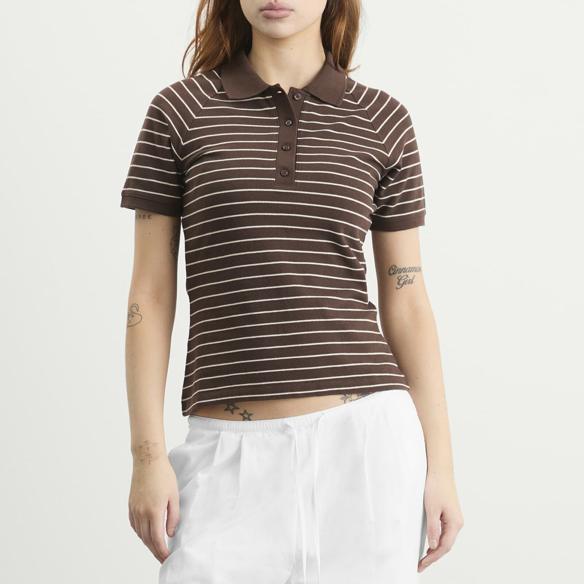 Samsøe Samsøe Women's Samia Short Sleeve Polo Top in Coffee Brown Stripe