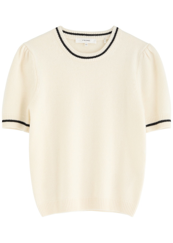 Photo: Frame Stripe-trim Cashmere T-shirt Cream