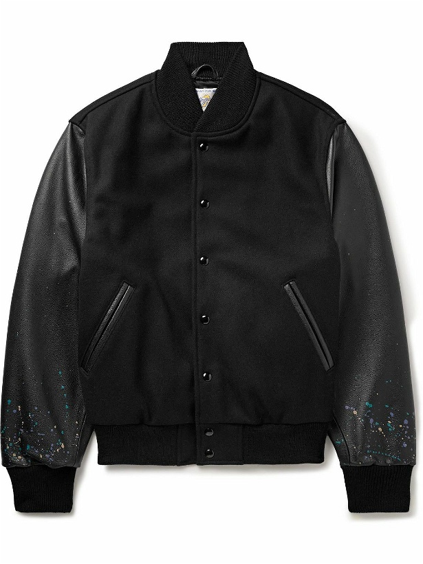 Photo: Golden Bear - The Albany Wool-Blend and Paint-Splattered Leather Bomber Jacket - Black
