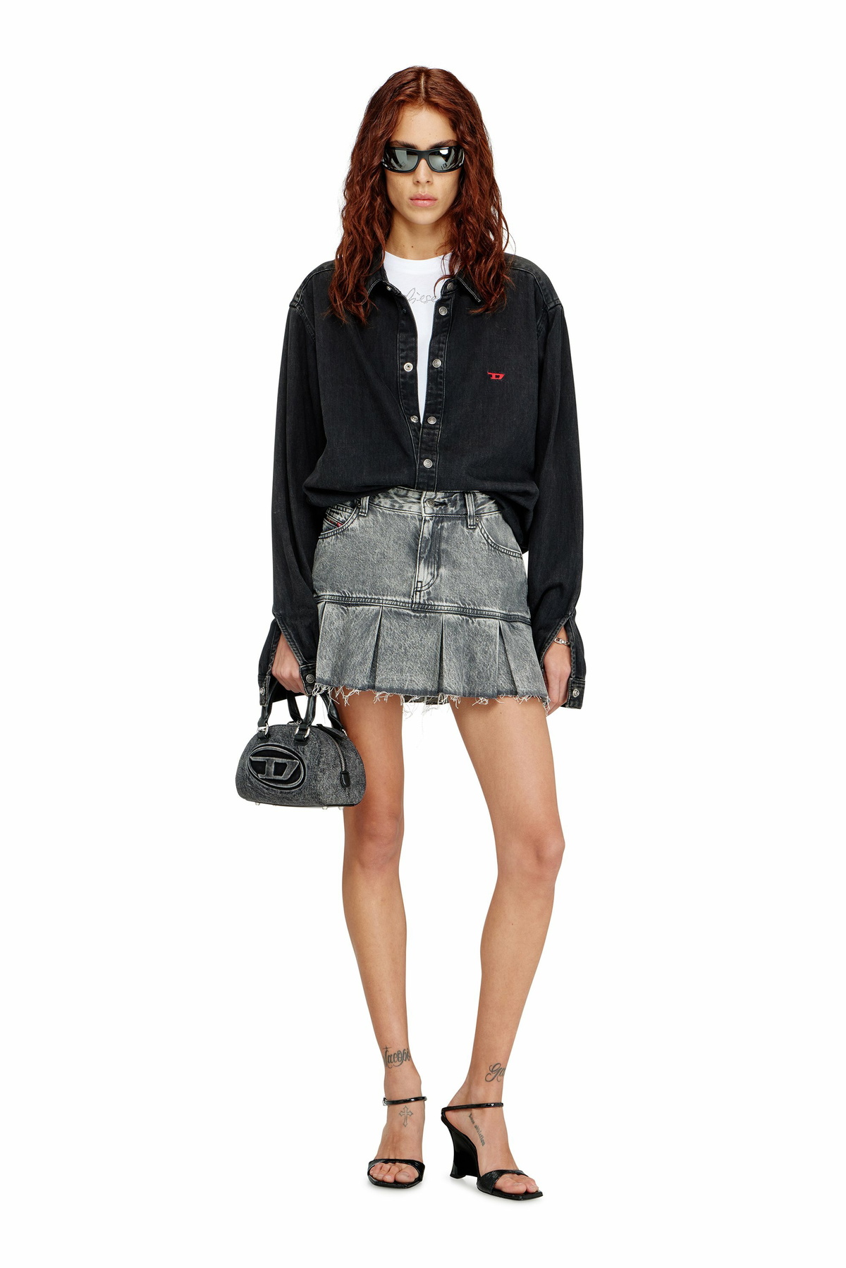 Diesel 1DR Dome-Mini bowling bag in washed denim - Crossbody Bags Womens in Grey