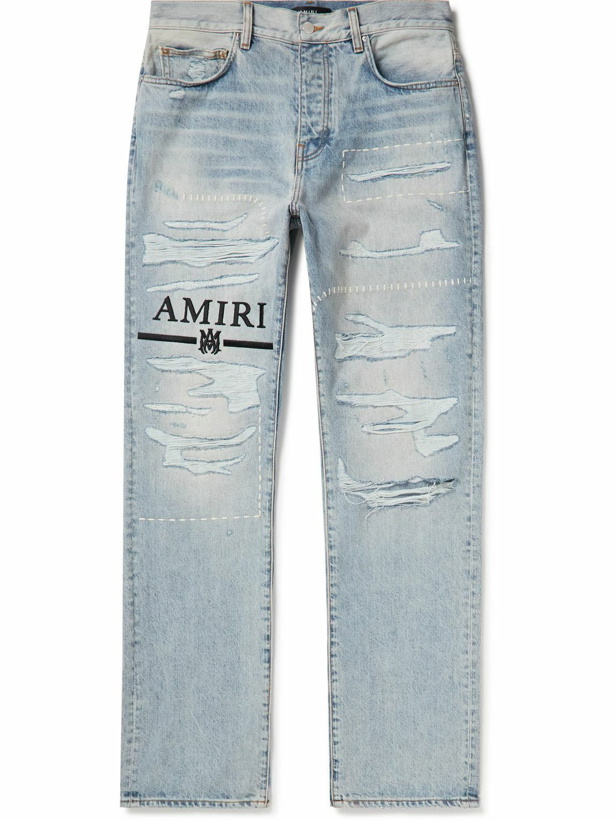 Photo: AMIRI - Straight-Leg Logo-Embroidered Distressed Jeans - Blue
