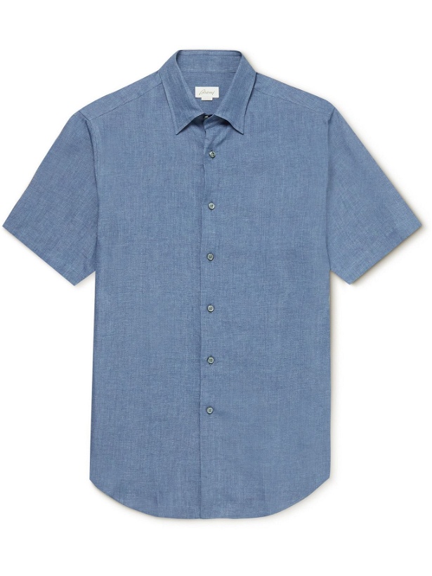 Photo: BRIONI - Hidden Button-Down Collar Linen Shirt - Blue