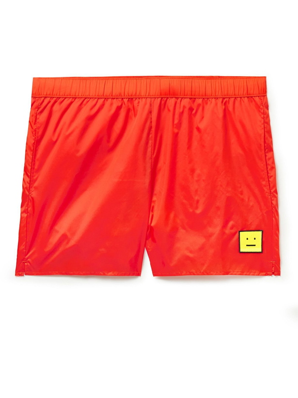 Photo: Acne Studios - Slim-Fit Mid-Length Logo-Appliquéd Swim Shorts - Orange