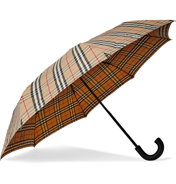 Photo: BURBERRY - Checked Leather-Handle Umbrella - Neutrals