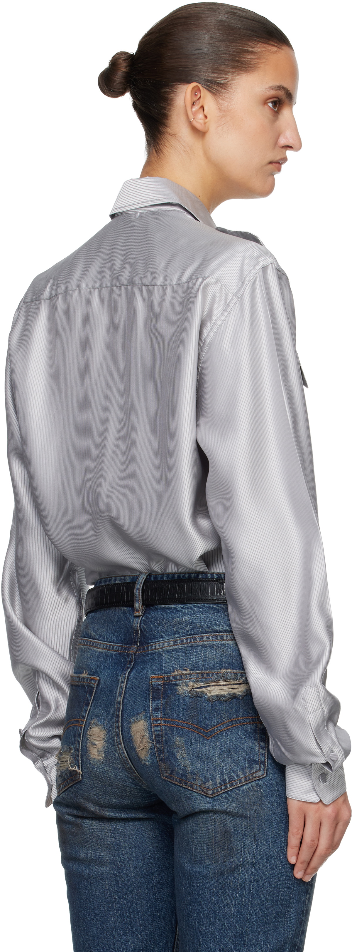 AARON ESH Gray Silk Military Shirt