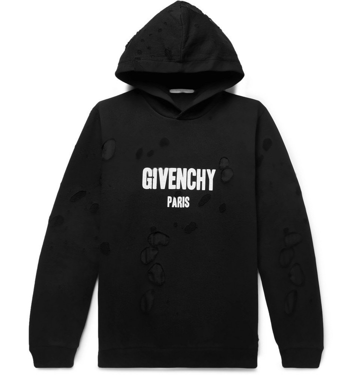 Photo: Givenchy - Oversized Distressed Logo-Print Cotton-Jersey Hoodie - Men - Black