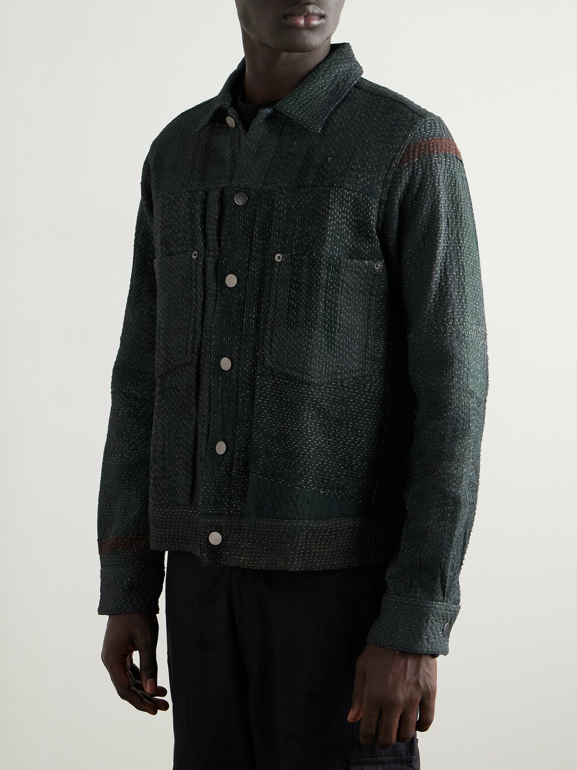 Kardo - Marvin Distressed Patchworked Kantha Cotton Trucker Jacket - Blue