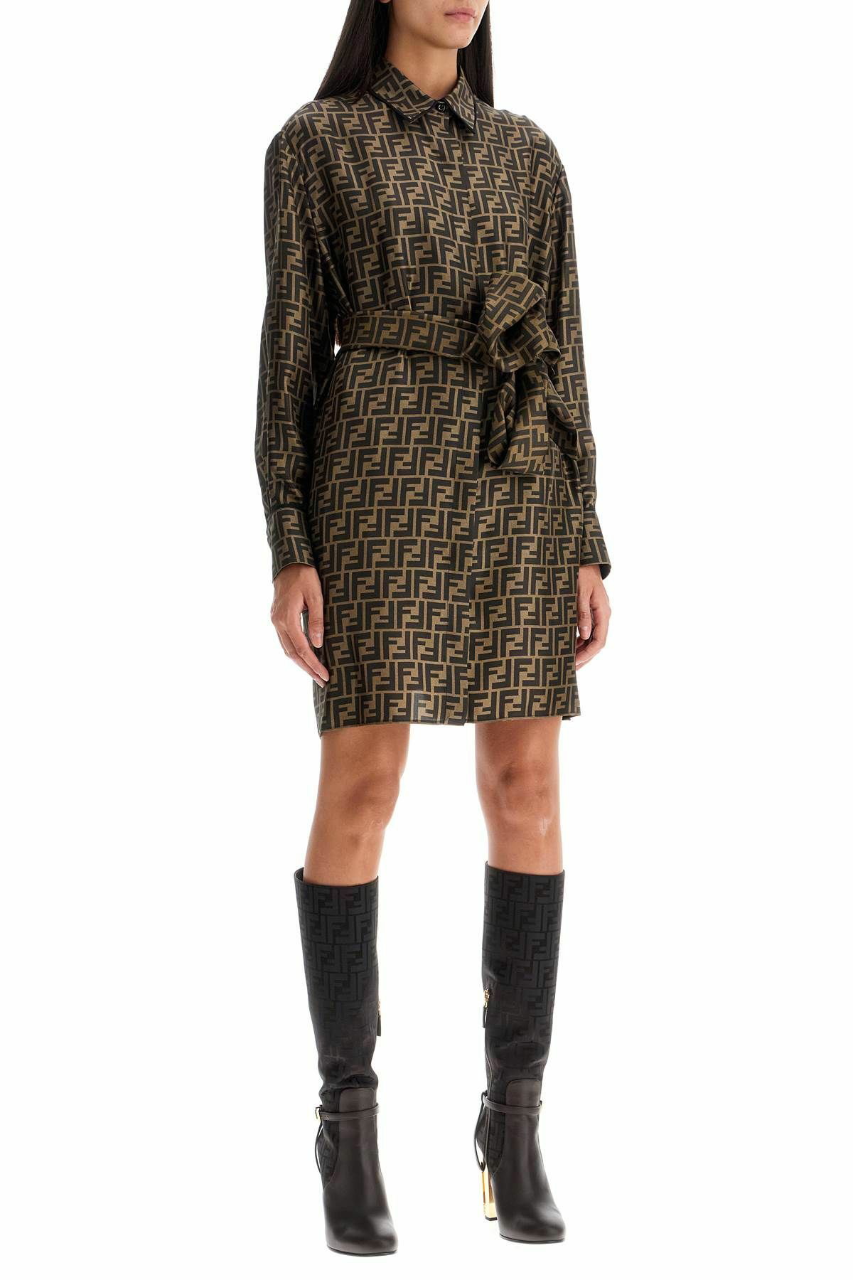 FENDI silk shirt dress with all-over logo Brown Fendi