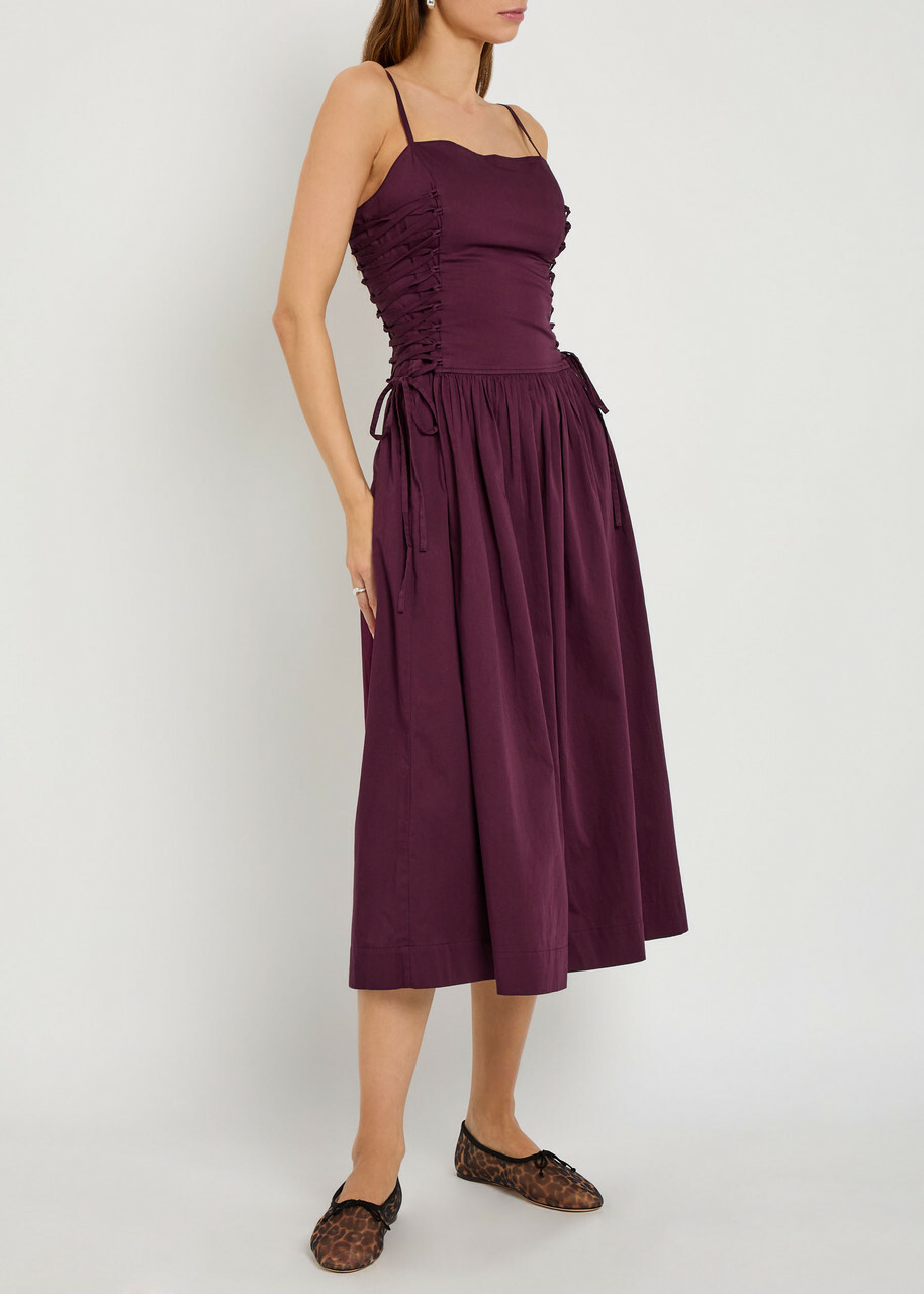 Damson Madder Angelina Lace-up Cotton-poplin Midi Dress Purple