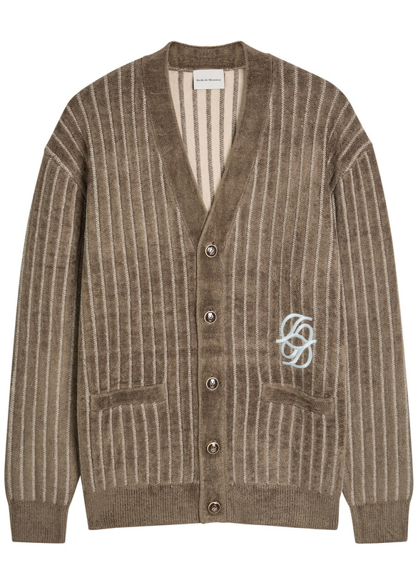 Photo: DRÔLE DE Monsieur Le Cardigan Monogramme Striped Knit Cardigan Khaki