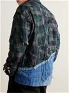 Greg Lauren - Patchwork Checked Cotton-Flannel and Distressed Denim Overshirt - Green