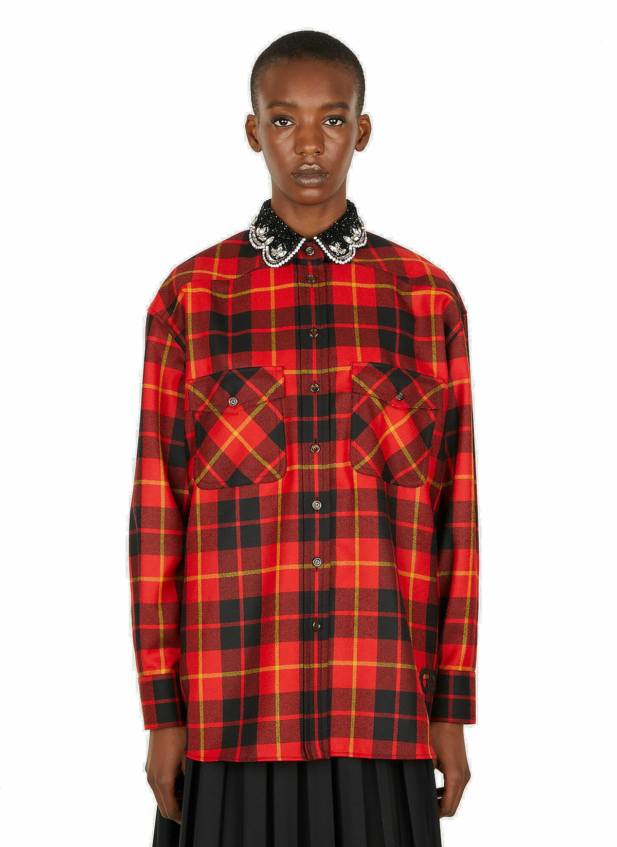 Beaded Collar Check Shirt in Red Gucci