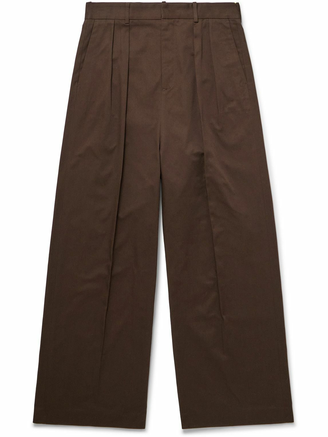 LOEWE - Straight-Leg Pleated Leather-Trimmed Cotton-Twill Trousers - Brown
