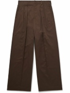 LOEWE - Straight-Leg Pleated Leather-Trimmed Cotton-Twill Trousers - Brown