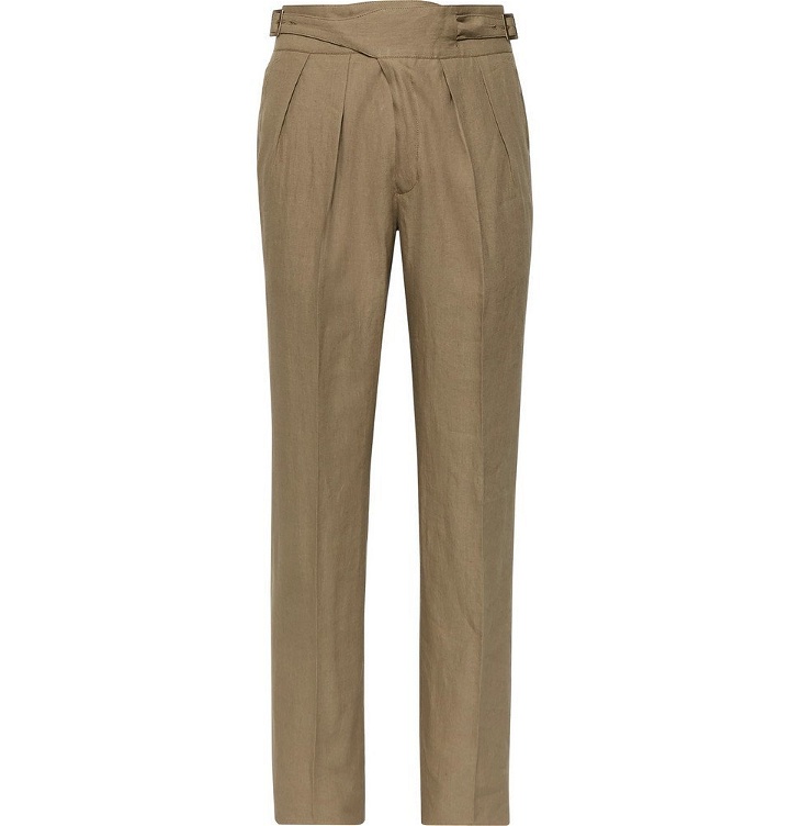 Photo: Rubinacci - Manny Tapered Pleated Linen Trousers - Brown