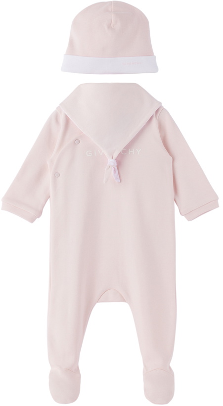Photo: Givenchy Baby Pink 4G Jumpsuit & Beanie & Cloth Set