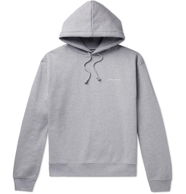 Photo: JACQUEMUS - Logo-Embroidered Mélange Fleece-Back Organic Cotton-Jersey Hoodie - Gray