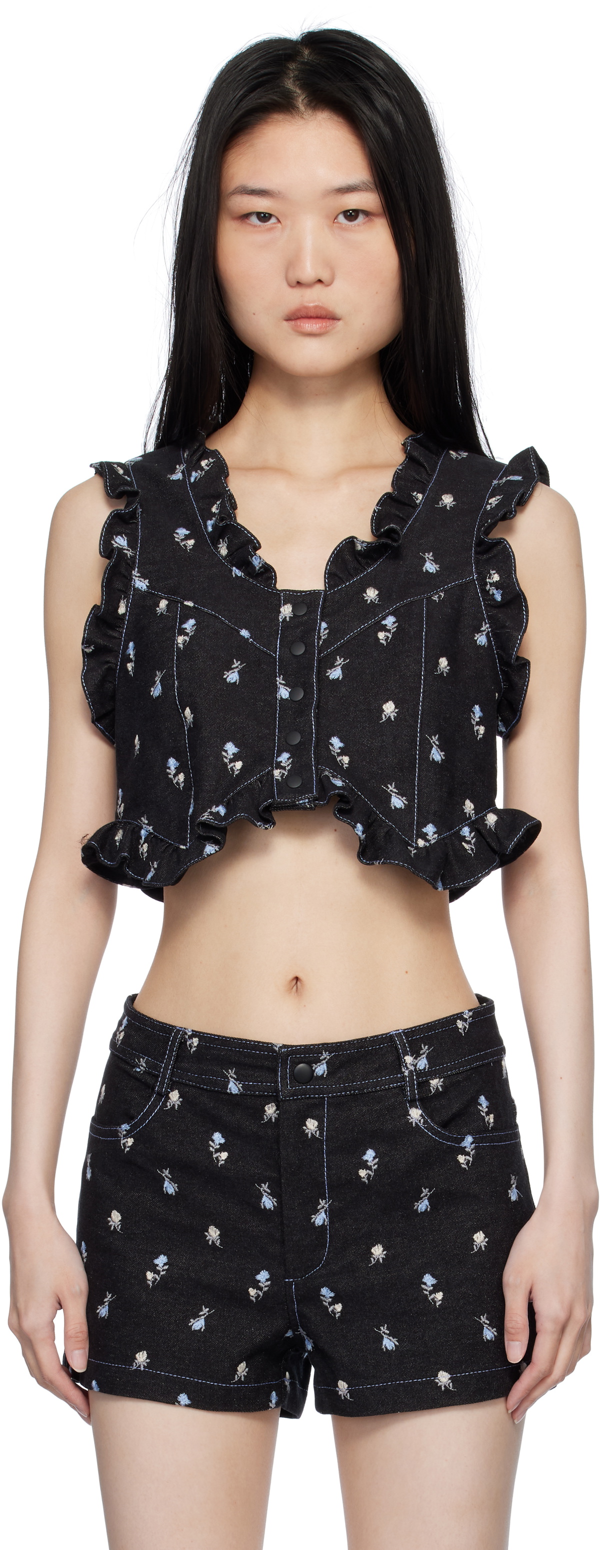 Anna Sui Black Embroidered Roses Cropped Denim Vest