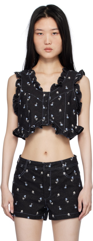Photo: Anna Sui Black Embroidered Roses Cropped Denim Vest