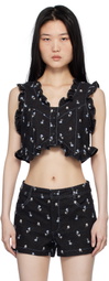 Anna Sui Black Embroidered Roses Cropped Denim Vest