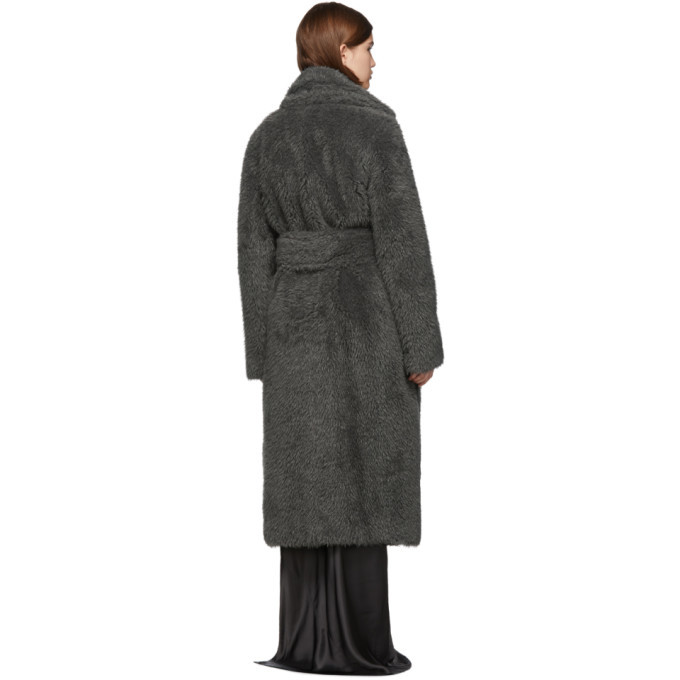 Helmut Lang Grey Faux-Fur Shaggy Belted Coat Helmut Lang