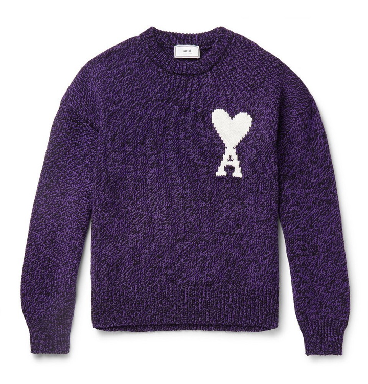 Photo: AMI - Oversized Logo-Intarsia Cotton and Merino Wool-Blend Sweater - Purple