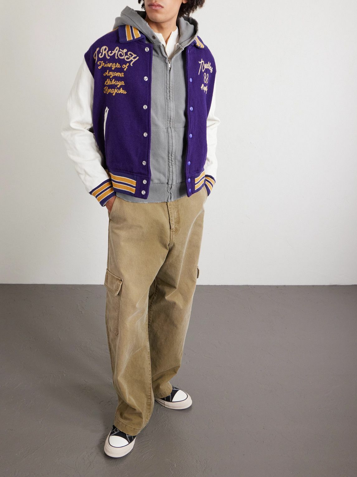 Needles - Cropped Leather-Trimmed Melton Wool Letter Jacket - Purple