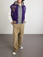 Needles - Cropped Leather-Trimmed Melton Wool Letter Jacket - Purple